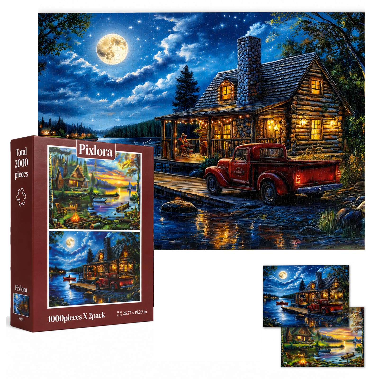 Pixlora Puzzles for Adults 1000 Pieces, 2 Pack Unique 1000 Piece Lake and Night 
