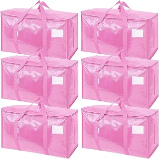 TICONN 6 Pack Extra Large Moving Bags Heavy Duty with Zippers & Carrying Handles, Durable Storage Bags Moving Boxes for Closet Organizers and Storage (6 Pack, Pink)