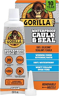 Gorilla 100% Silicone Caulk, Waterproof Sealant, 2.8oz Squeeze Tube, Clear | 10 Year Mold Resistant, Ready for Water Exposure in 30 Minutes, Works on Multiple Surfaces