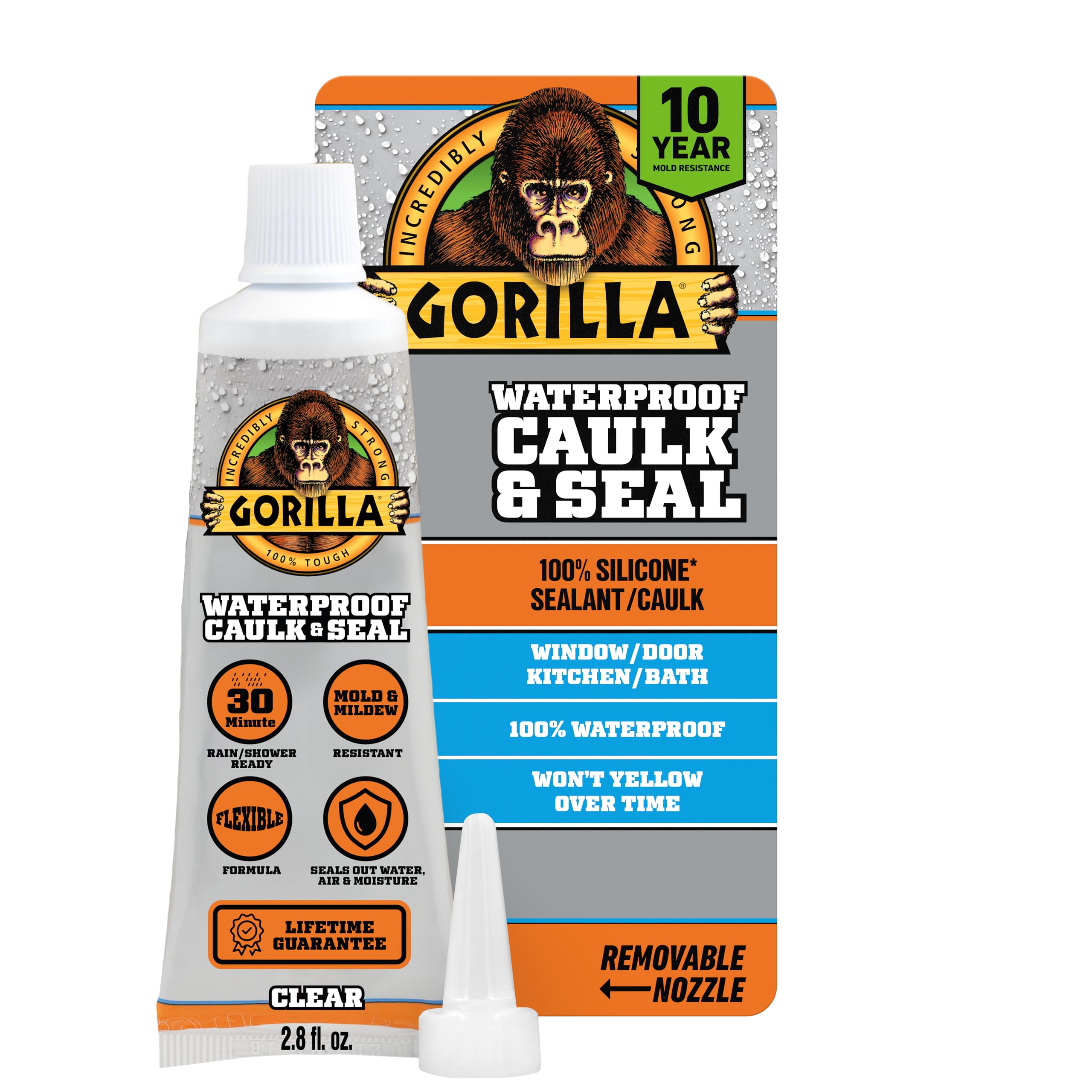 Gorilla 100% Silicone Caulk, Waterproof Sealant, 2.8oz Squeeze Tube, Clear | 10 