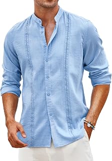 COOFANDY Men's Cuban Guayabera Shirt Casual Long Sleeve Button Down Shirts Band Collar Linen Summer Beach Shirt