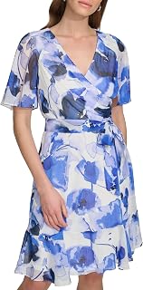 DKNY Fuax Wrap Dress with Ruffle Sleeves Women's Dress