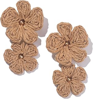 Boho Raffia Flower Drop Earrings Statement Summer Beach Vacation Jewelry
