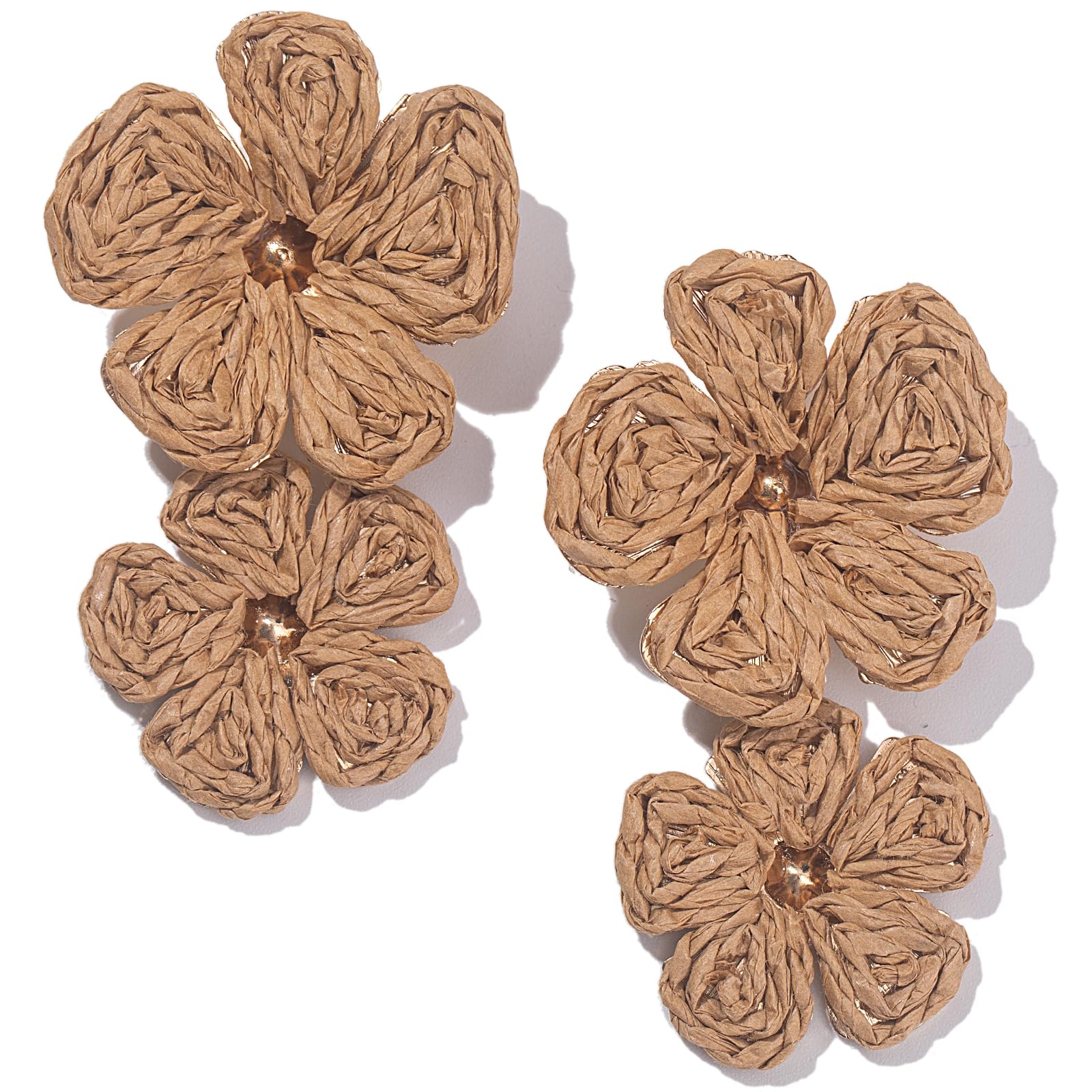 Boho Raffia Flower Drop Earrings Statement Summer Beach Vacation Jewelry