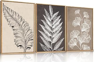 HPNIUB Abstract Boho Fern Leaf Floral Framed Canvas Wall Art Set-12"x16"x3