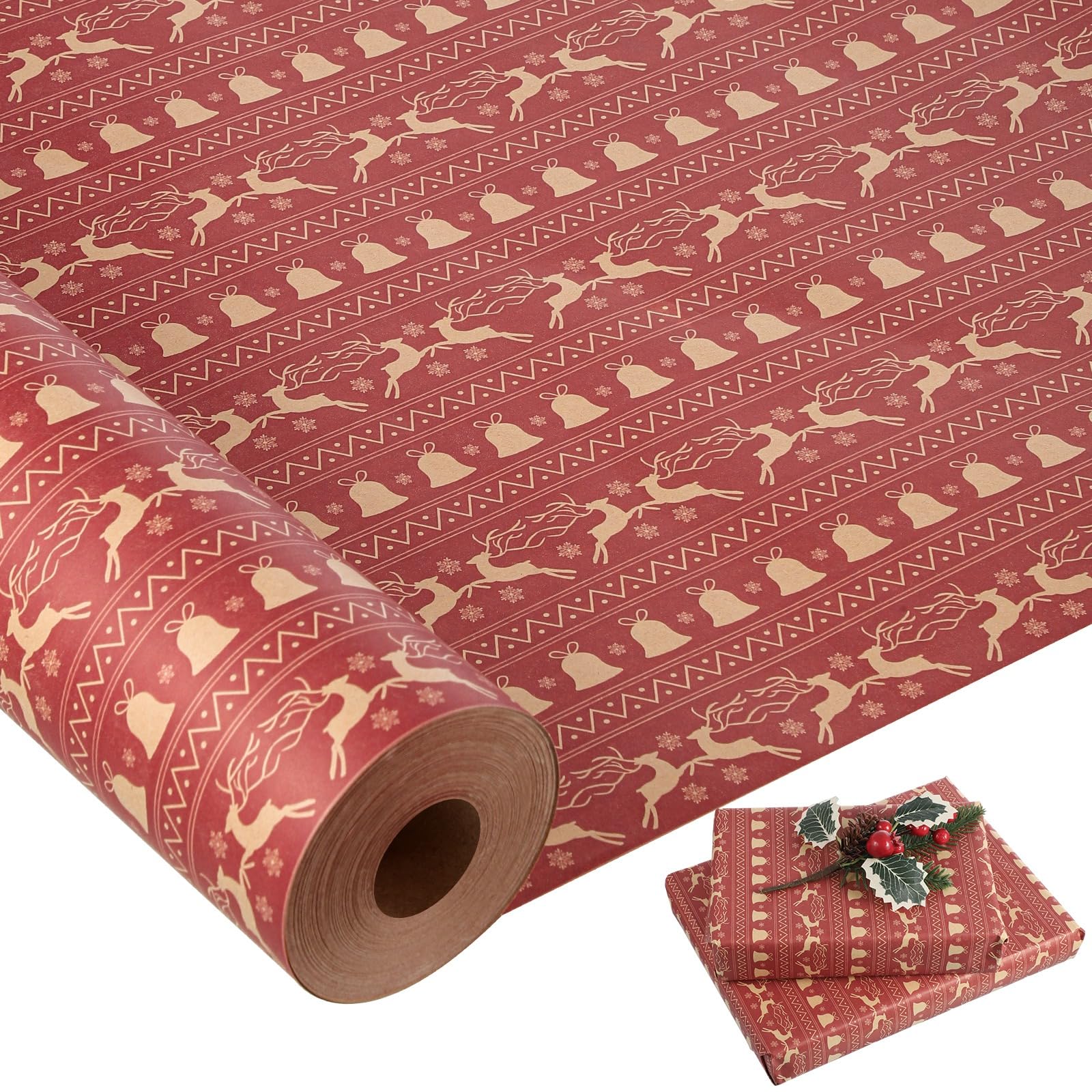 woric 25m×43cm Christmas Gift Wrapping Paper Roll, Red Bell Wrapping Paper