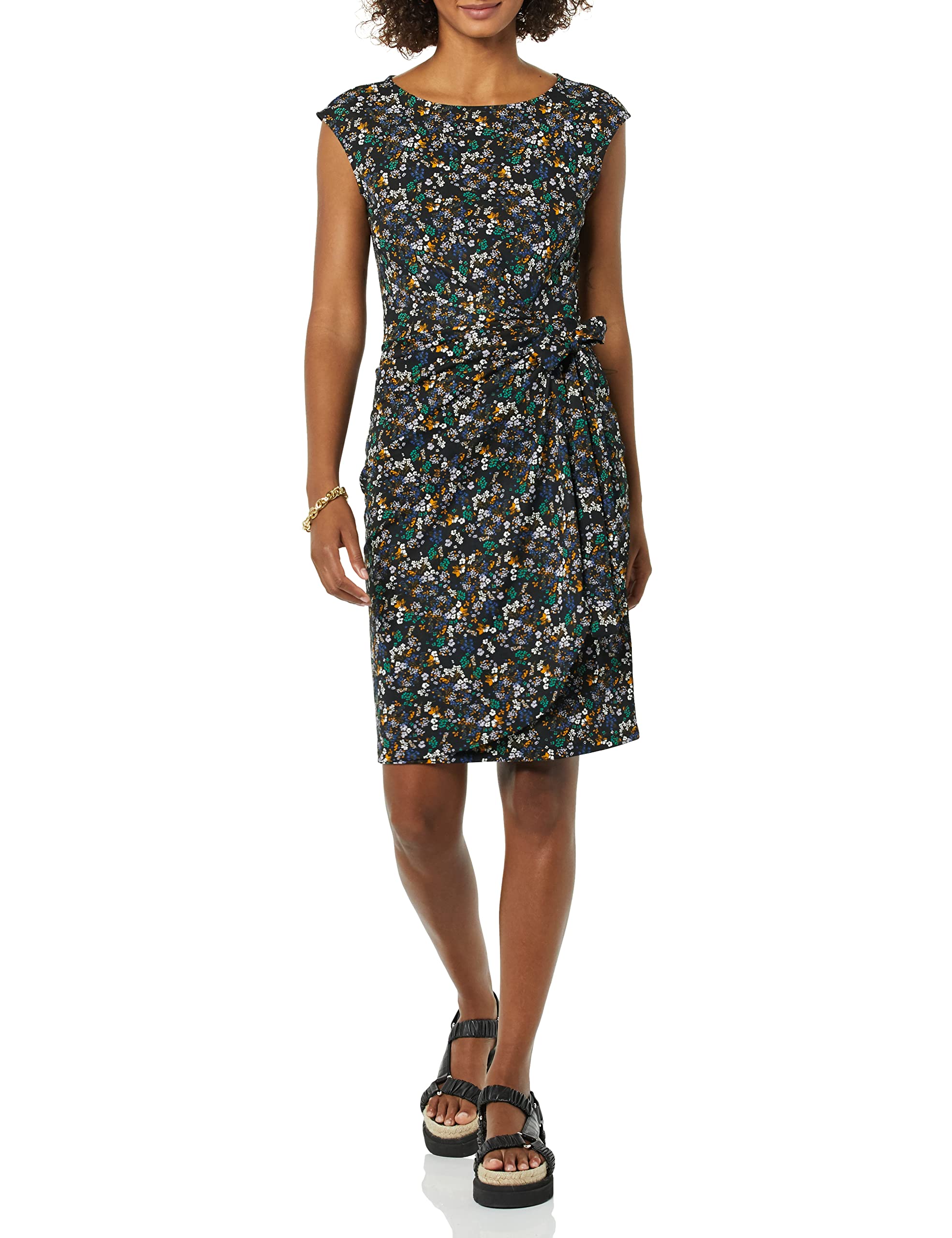 Amazon Essentials Women's Cap-Sleeve Faux Wrap Dress with Boat Neck for Smart Of