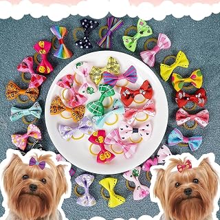 50 Pieces (25 Pairs) Puppy Hair Bows Yorkshire with Rubber Band Rhinestone Pet Grooming Products Assorted Colors Various Patterns Dog Accessories