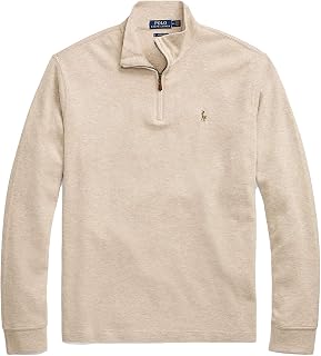 Polo Ralph Lauren Men Half Zip French Rib Cotton Sweater (Large, Beige (Multi-Colored Pony))