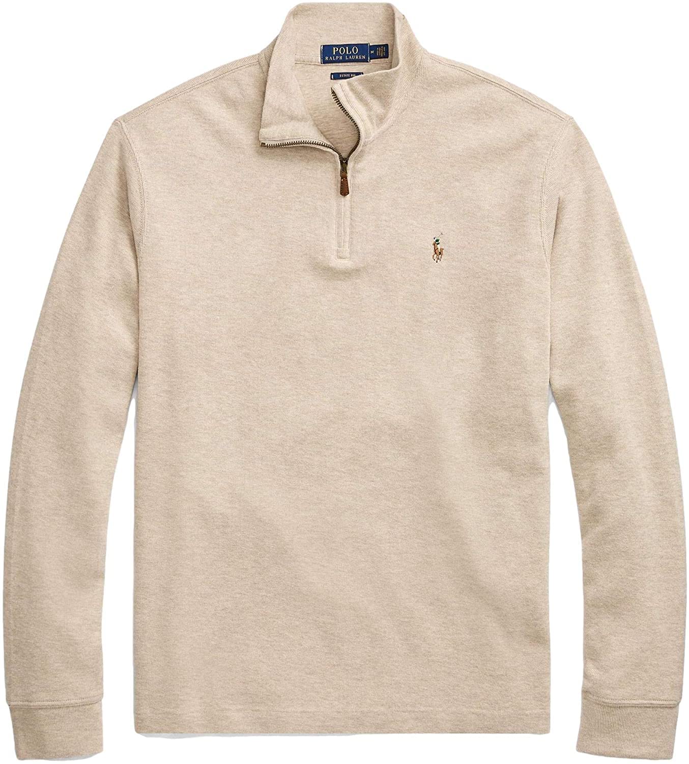 Polo Ralph Lauren Men Half Zip French Rib Cotton Sweater (Large, Beige (Multi-Co