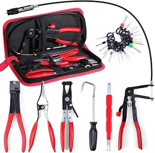 6-Piece Hose Clamp Pliers Set - Automotive Hose Clamp Removal Tool Kit for Coolant, Radiator, Heater &amp; Water Hoses | Flexible Long Reach Flat Band for Car (Red, 6+21PCS Hose Clamp Pliers Set)