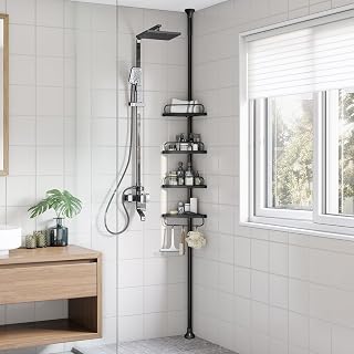 SONGMICS Shower Caddy, 4-Tier Telescopic Corner Shelf, 95-315 cm | Bathroom Organiser Storage, Rustproof Steel, 3 Hooks, Ink Black, Parson Collection, BCB001B01