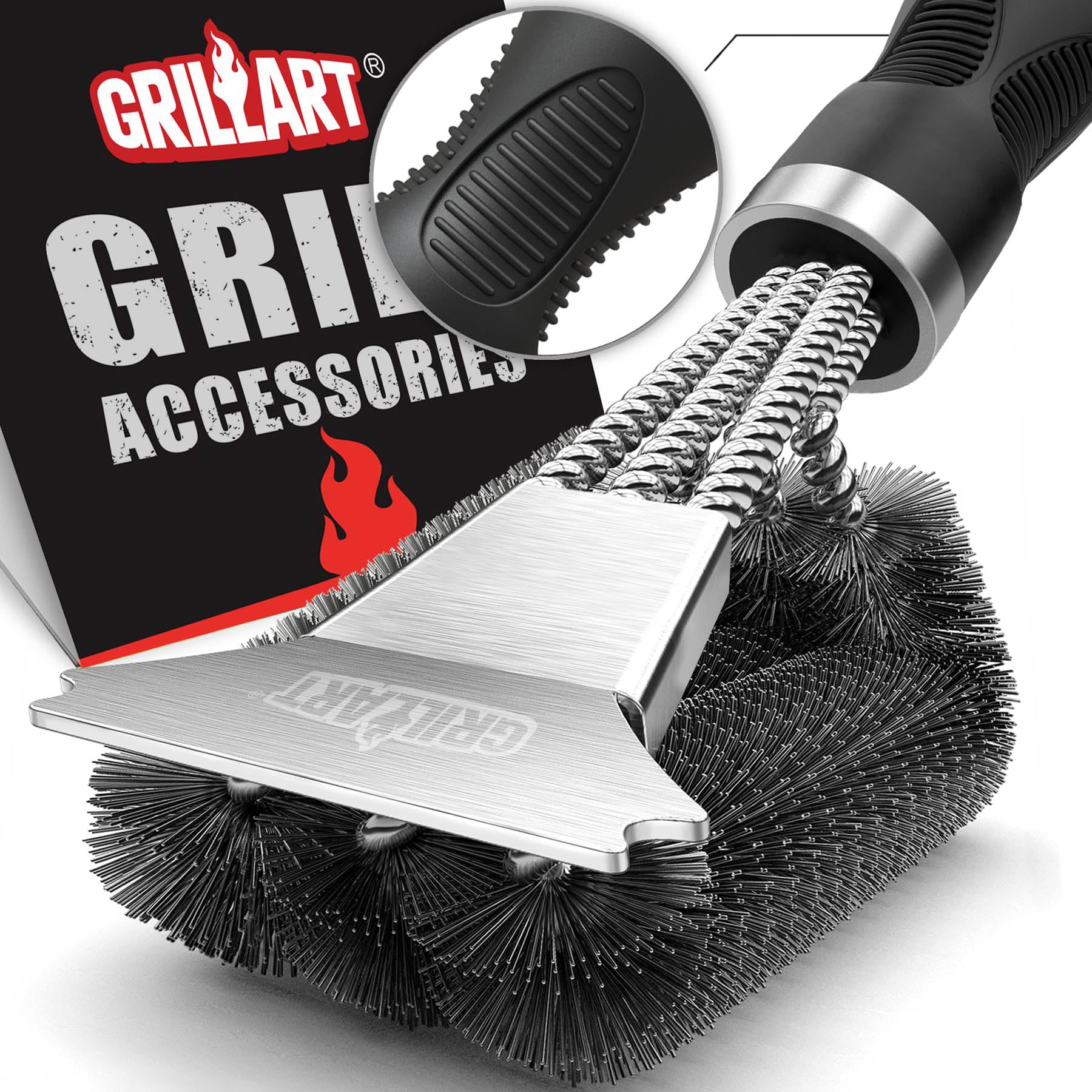 GRILLART Grill Brush, 18'' Extra-Strong Handle, BBQ Cleaner with Scraper | Remov