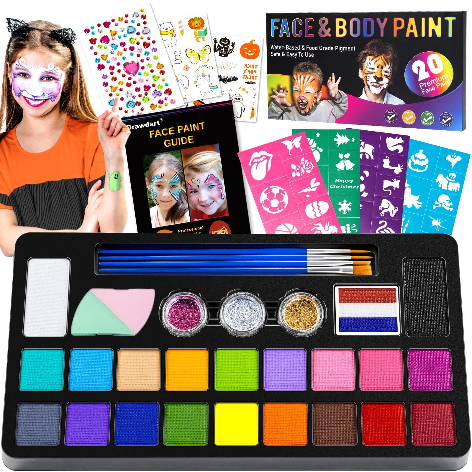 Drawdart Face Painting Kit for Kids - 20 Colors Water Based Non-Toxic Paint With