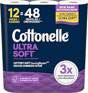 Cottonelle Toilet Paper, 12 Mega Rolls = 48 Regular Rolls, Ultra Soft (Formerly Ultra Comfort), Soft Bathroom Tissue, 244 Sheets per Roll, Packaging May Vary