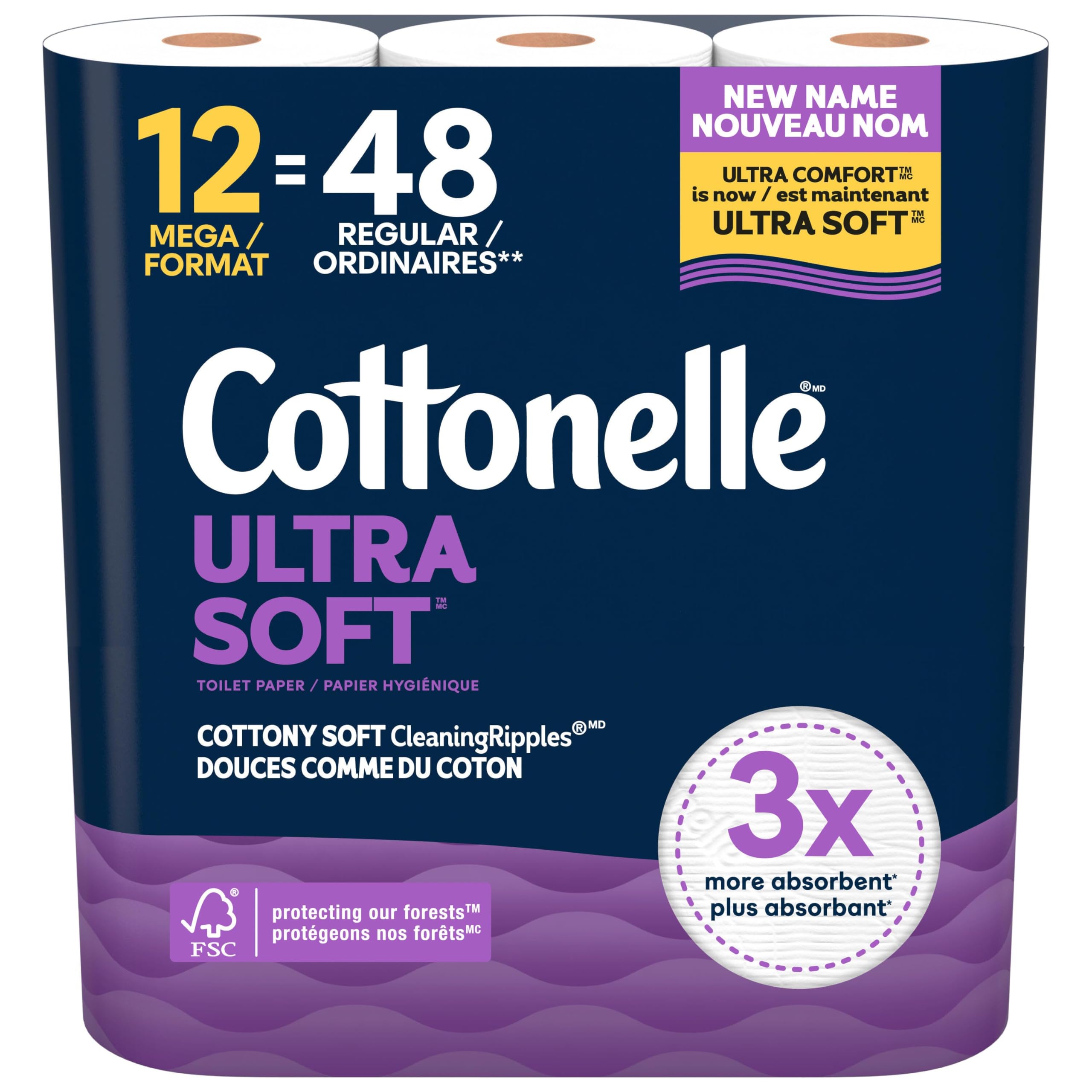 Cottonelle Toilet Paper, 12 Mega Rolls = 48 Regular Rolls, Ultra Soft (Formerly 