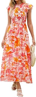BerryGo Womens Boho Floral Maxi Dress Ruffle Sleeve Chiffon Flowy Wedding Guest Dress Smocked Waist Modest Western Dress