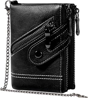 Men's Wallet with Chain & Zip RFID Blocking – Anti Theft Security Leather Wallets for Men with 19-in-1 Organizer, Coin Pockets, ID Window, Double Zipper Pockets and Front Zipper Pocket Gents Wallet
