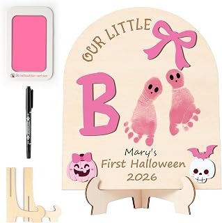 R HORSE DIY Halloween Footprint or Handprint Art Sign with Ink Pad Pen | 3D Pink Bow Pumpkin Newborn Milestone, Baby’s 1st Halloween Footprint Keepsake Craft Gift, Our Little Boo Baby Shower Nursery