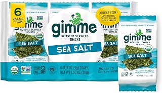 Gimme Seaweed Organic Premium Roasted Seaweed Snack, Sea Salt, .17oz, 6 CT | Keto, Vegan, Gluten Free, Great Source of Iodine & Omega 3’s, Healthy On-The-Go Snack for Kids Adults