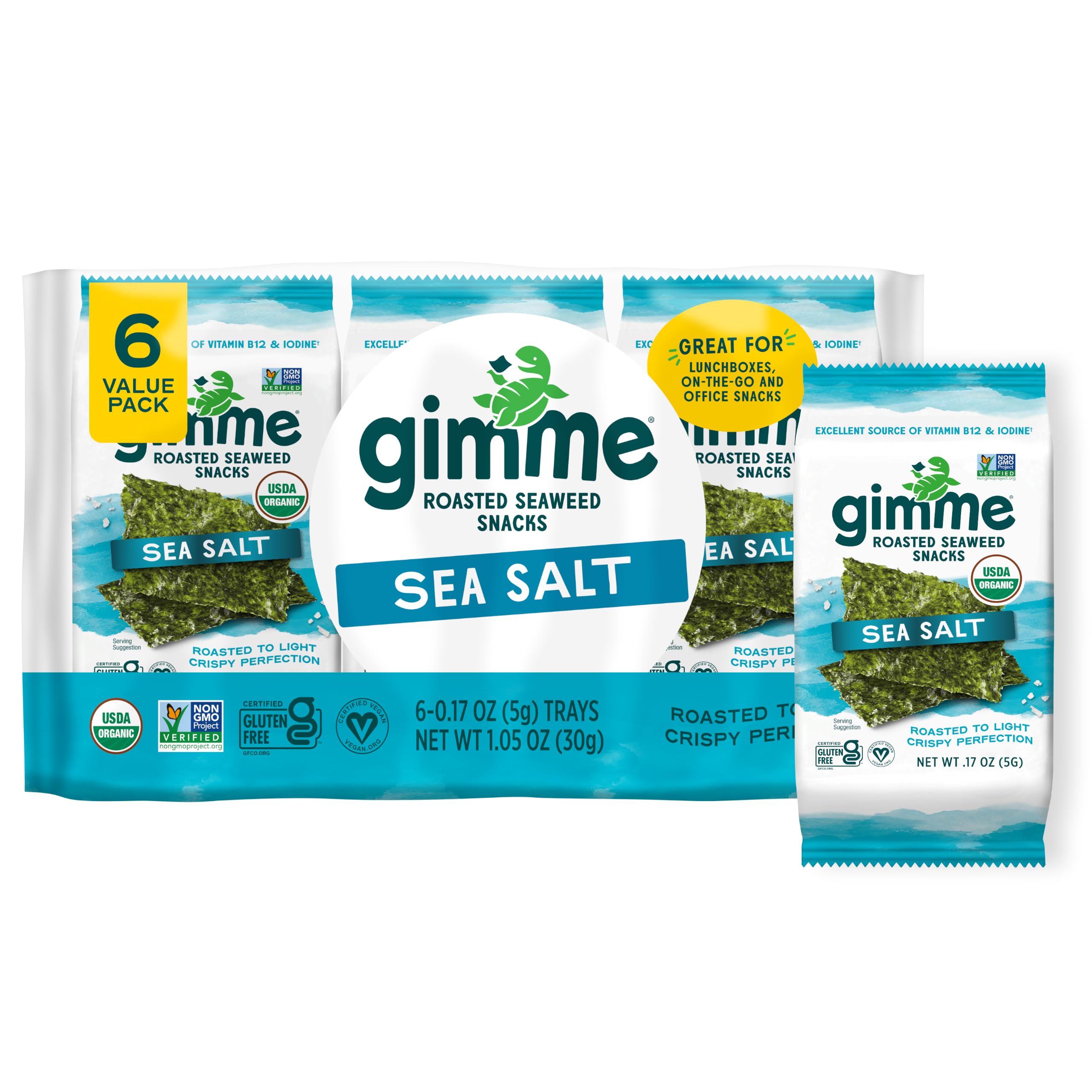 Gimme Seaweed Organic Premium Roasted Seaweed Snack, Sea Salt, .17oz, 6 CT | Ket