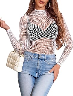 Avidlove Women Sexy Mesh Long Sleeve Mesh Blouse Mock Neck Sheer Lace Bodycon Blouse Party
