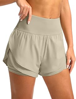 SANTINY 2 in 1 Running Shorts for Women with 3" High Waist Pockets Workout Athletic Shorts with Lining