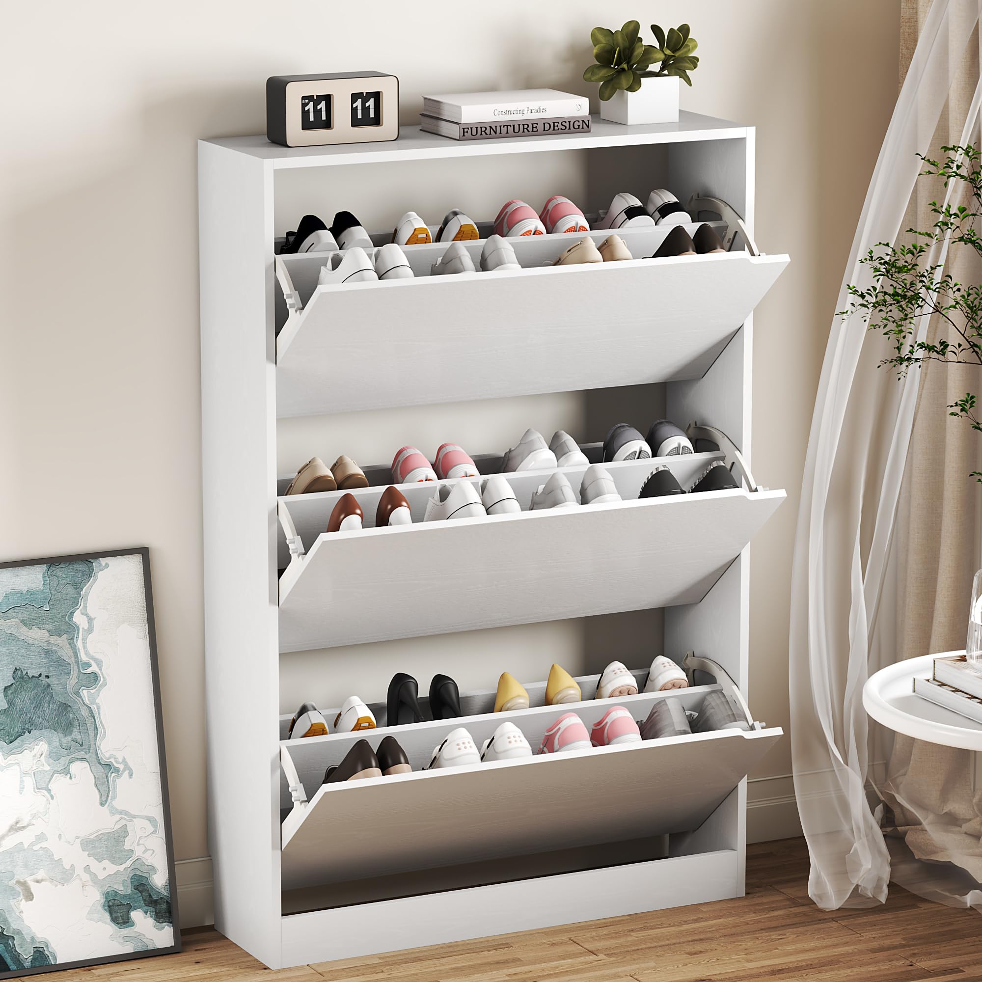 BORNOON Shoe Cabinet with 3 Flip Drawers, Hidden Wood Shoe Cabinet,Freestanding 
