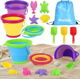 Zooawa Beach Toys Set for Kids,10 PCS Sandbox Toys with Collapsible Sand Bucket,Shovels Seat and Sand Toy,Summer Outdoor Play Travel Toy for Kids Toddlers 3-10,Pool Party Supplies,Yellow+Purple+Blue