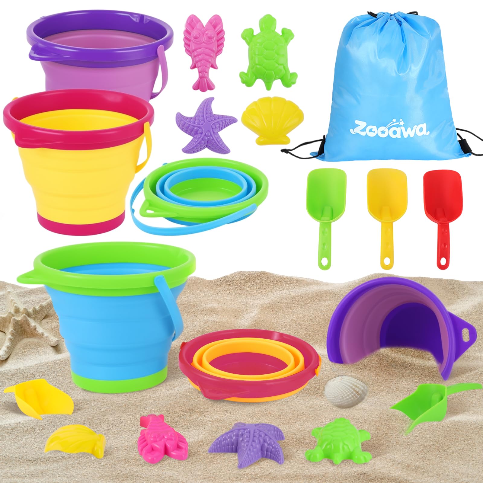Zooawa Beach Toys Set for Kids,10 PCS Sandbox Toys with Collapsible Sand Bucket,