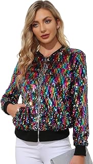 KANCY KOLE Chaqueta de lentejuelas para mujer, informal, manga larga, con cremallera frontal, para fiesta, con bolsillos, S-2XL, Multicolor, XXL