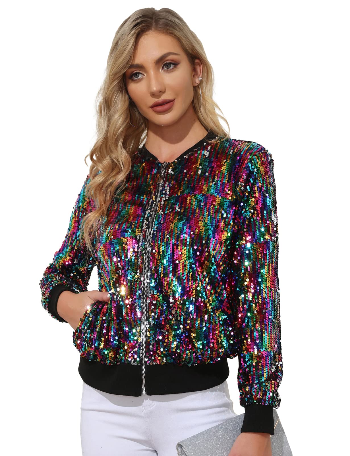 KANCY KOLE Chaqueta de lentejuelas para mujer, informal, manga larga, con cremal