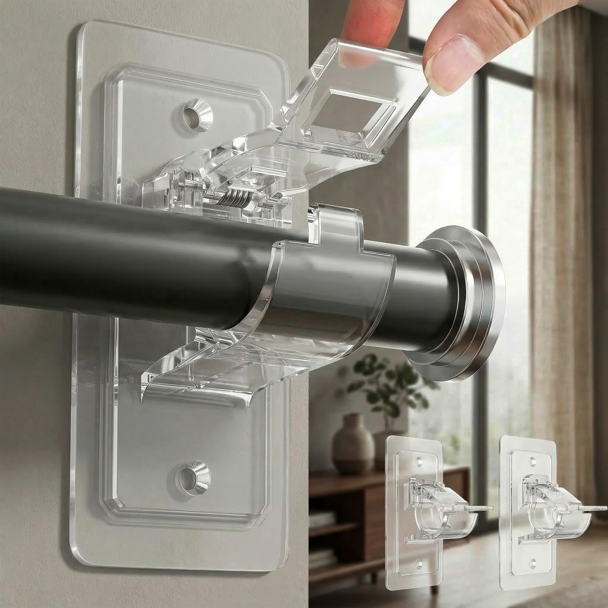 Curtain Rod Brackets No Drill, Adhesive Rod Holders for 1.3-3.2cm Curtain Rod Ho