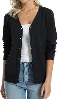 QUALFORT Cardigan da donna 100% cotone leggero con scollo a V, Antracite melange, XL