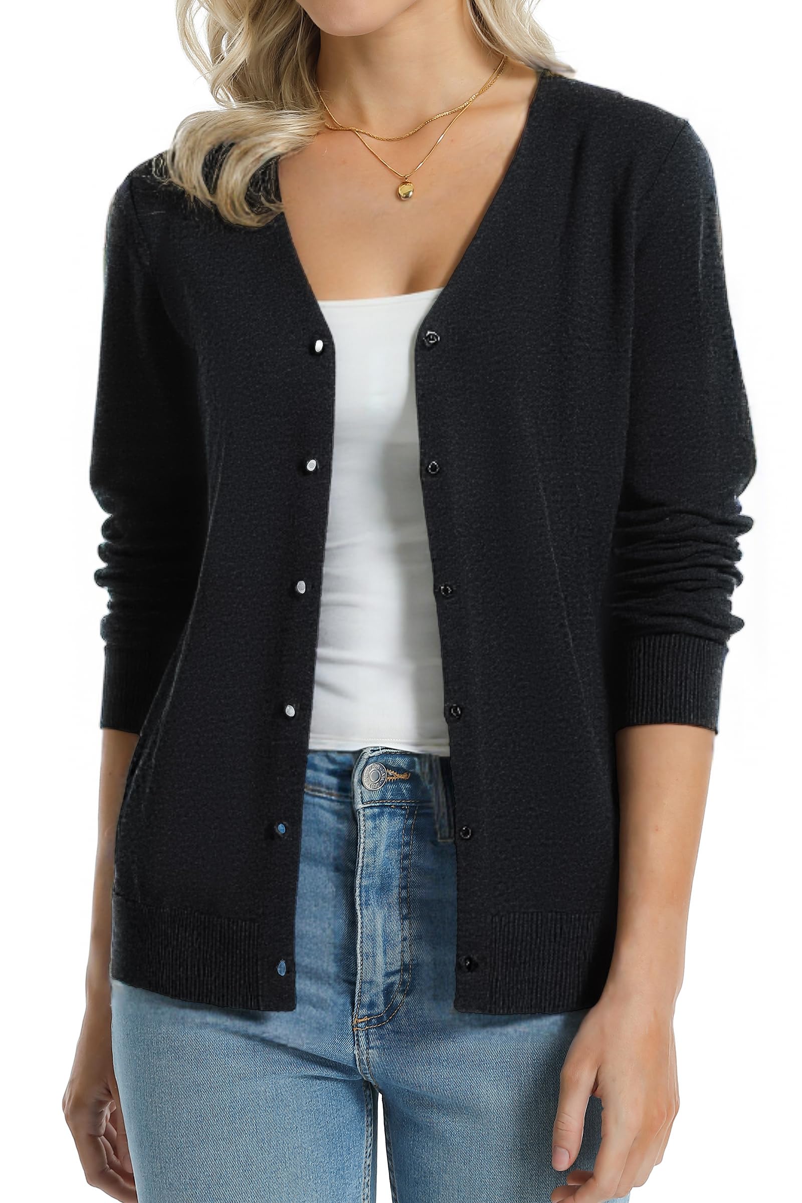 QUALFORT Cardigan da donna 100% cotone leggero con scollo a V, Antracite melange