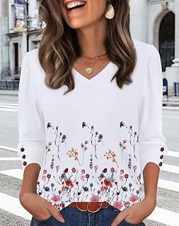 Womens 3/4 Sleeve Tops with Buttons V-Neck Summer Outfits Casual Blouses Shirts Beach Vacation Fall Clothes 2026
