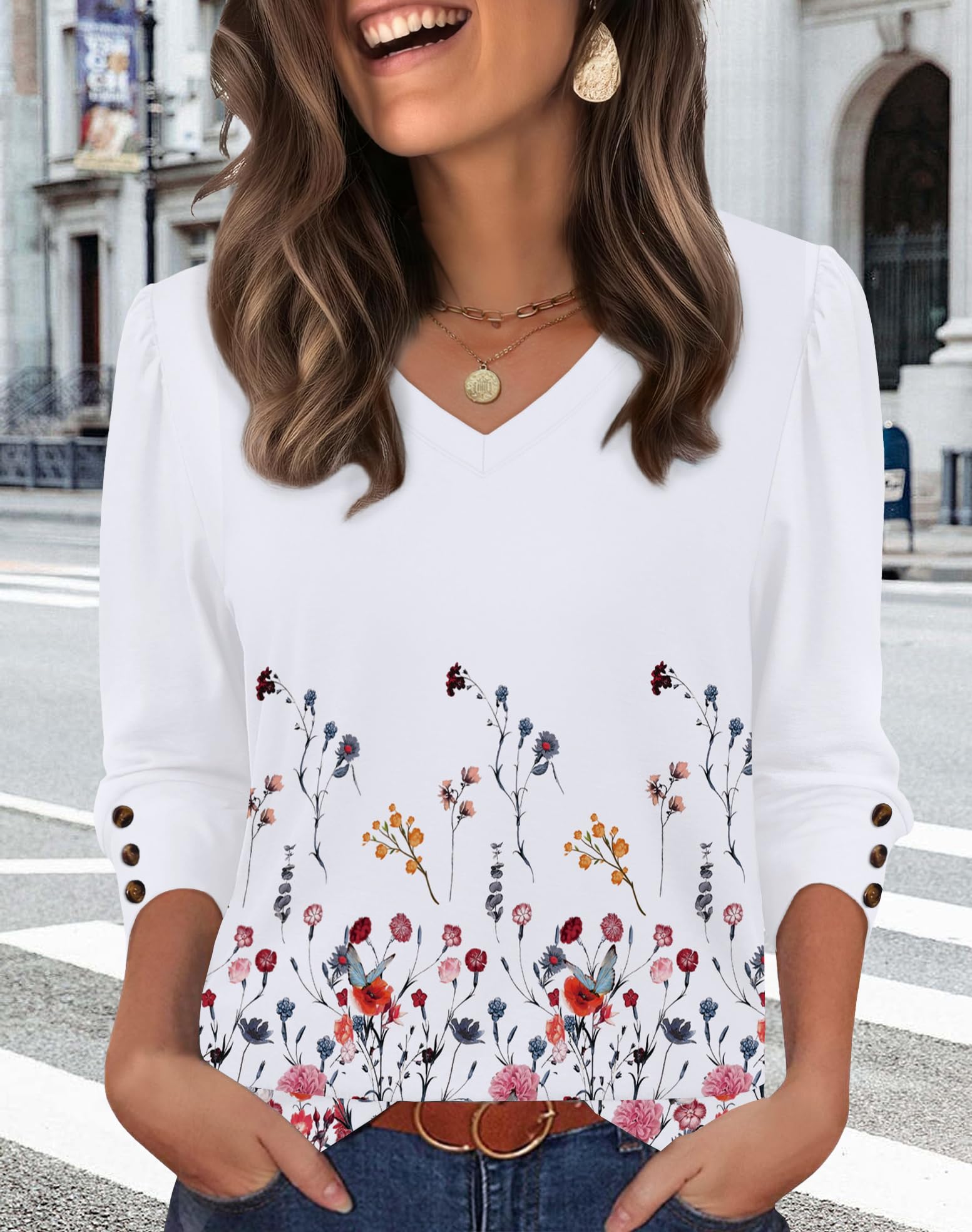 Womens 3/4 Sleeve Tops with Buttons V-Neck Summer Outfits Casual Blouses Shirts 