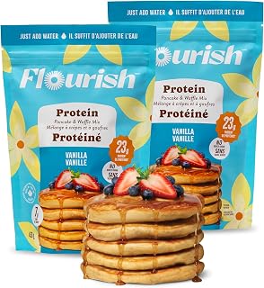 Flourish Protein Pancake & Waffle Mix with Whey Protein, No Added Sugar, High in Fiber - Just Add Water - Vanilla Flavour, 430 g Each (2 Pack) - Made in Canada (Two Pack, Vanilla)