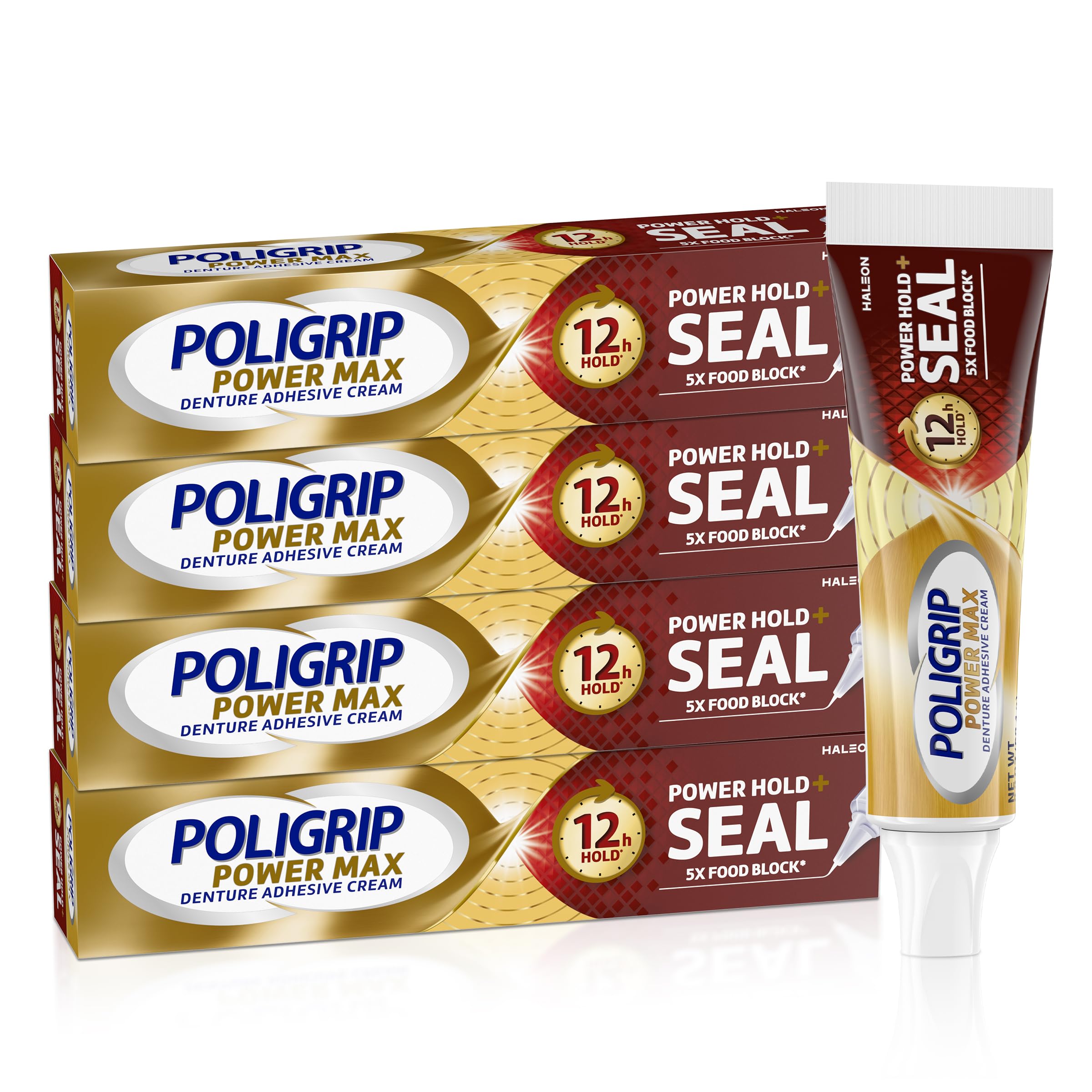 Poligrip Power Hold Plus Seal Denture Adhesive Cream, 2.2 oz (4 Pack) | Denture 