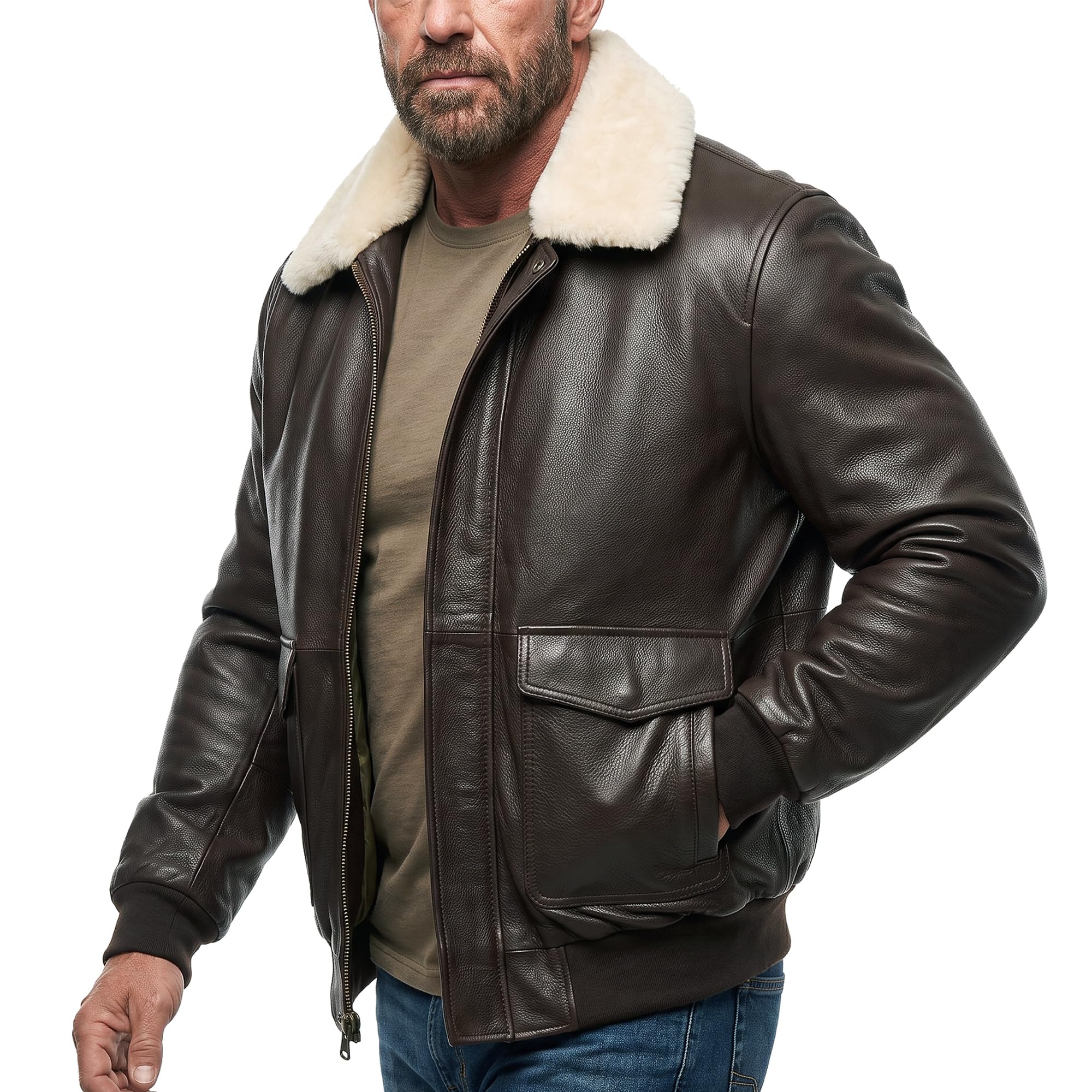 Mens G-1 Fur Collar US Navy Flight Distressed Brown Aviator Genuine Leather Jack