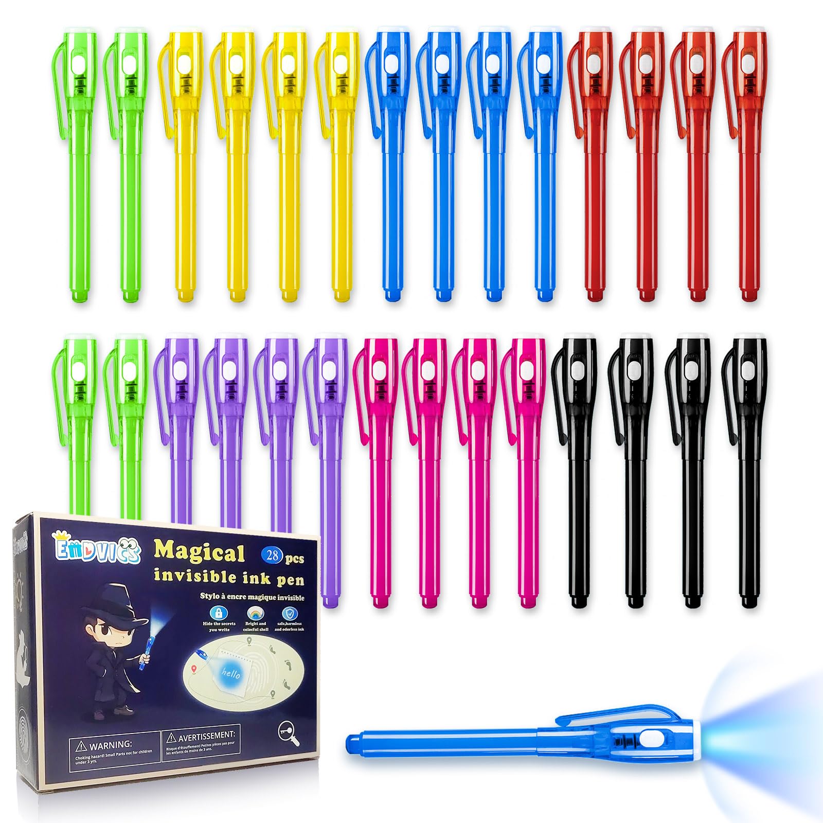 EODVICS 28 Pack Invisible Ink Spy Pens with UV Light for Kids Party Favors | Non