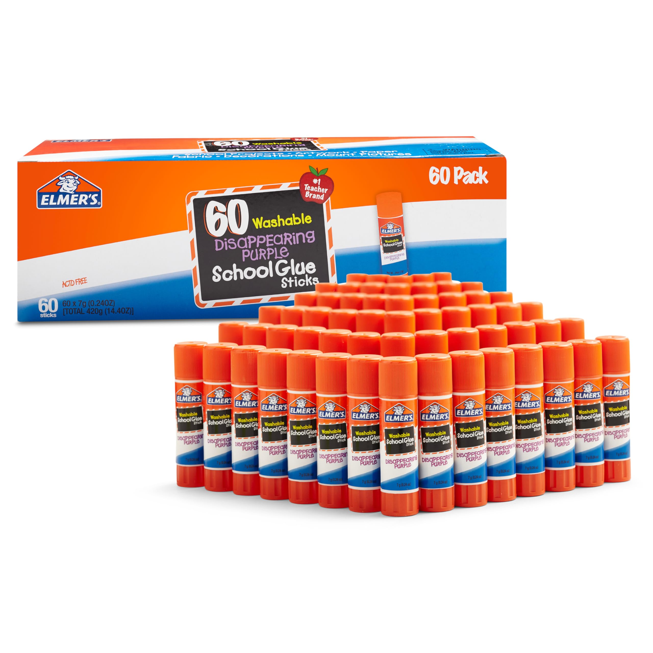 Elmer's Disappearing Purple School Glue Sticks, Washable, 7 Grams, 60 Count