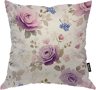 18x18 Cushion Cover Purple Rose Vivid Cherry Blossom Cherry Leaf Garden Square Cotton Linen Pillowcase Home Office School for Men/Women/Boys