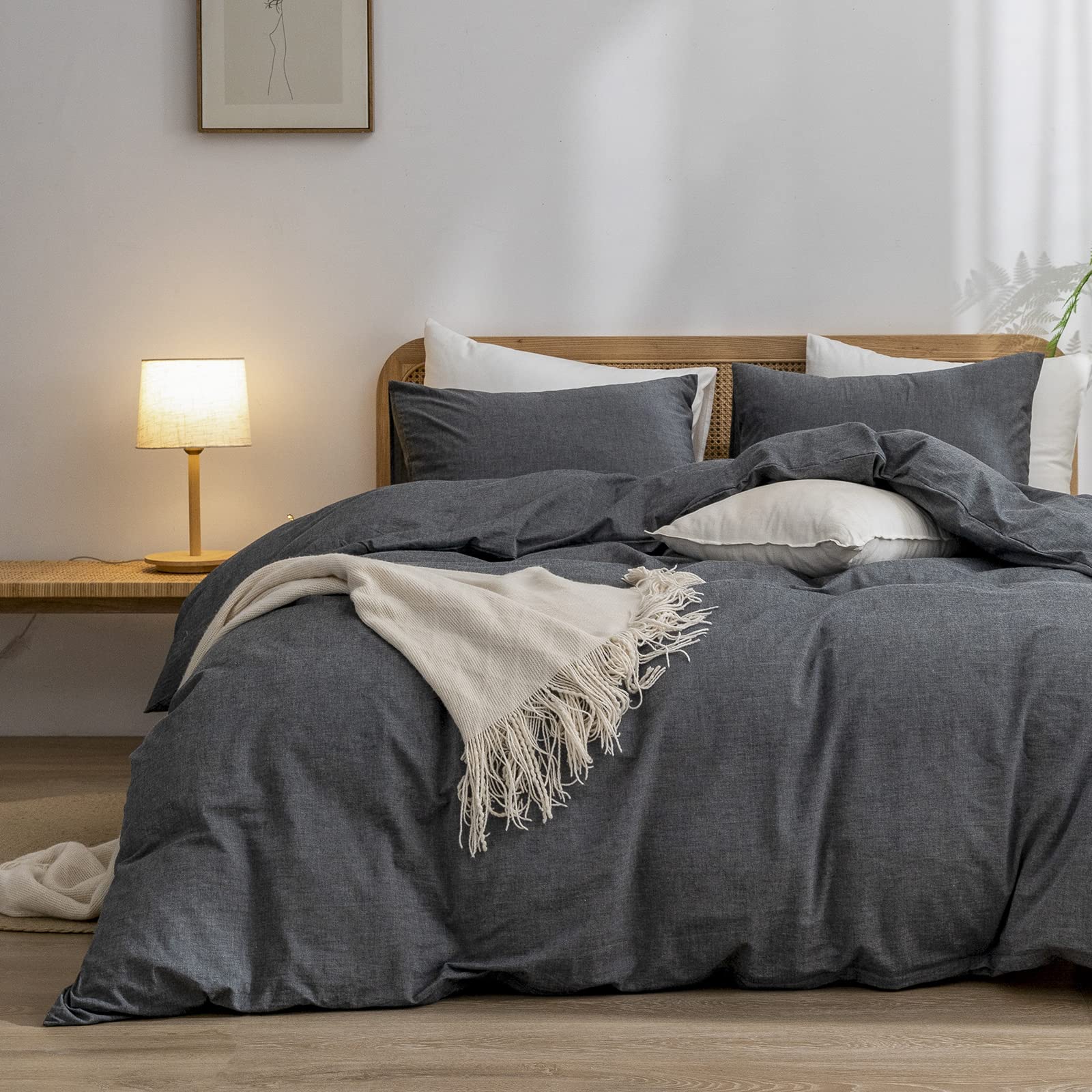 BESTOUCH Cotton Solid Duvet Cover Set Linen Feel Dark Black King