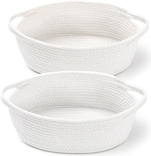 2 Pack Small Woven Basket with Gift Bags and Ribbons, Empty Decorative Gift Chest Box, Cute Baby Gift Basket for Nursery, Cotton Rope Room Shelf Storage Basket with Handles, All 12"x 8"x 5",White
