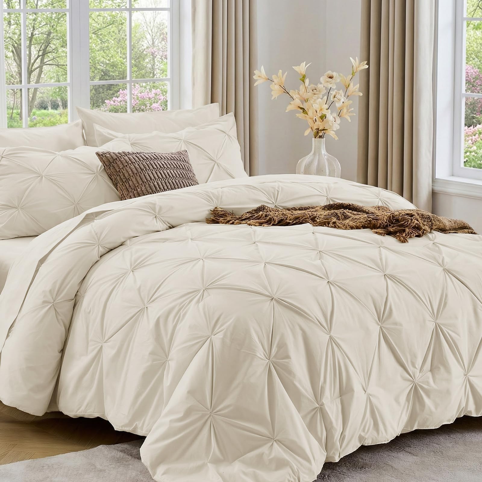 Sasttie Queen Comforter Set, 7-Piece Bed in a Bag, Pintuck Bedding Sets for All 