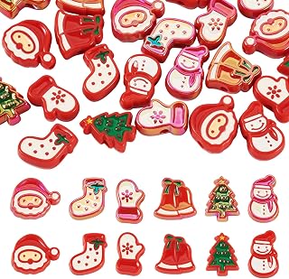 24pcs Red Christmas Beads for Jewelry Making Santa Claus Christmas Tree Bell Gloves Snowman Acrylic Beads Enamel Christmas Earrings Making DIY Crafts Holiday Decoration