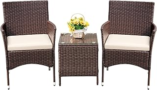 Devoko 3 Piece Patio Furniture Set Outdoor Wicker Conversation (Brown) | PE Rattan Patio Porch Table and Chairs Set of 2 for Balcony Garden and Yard