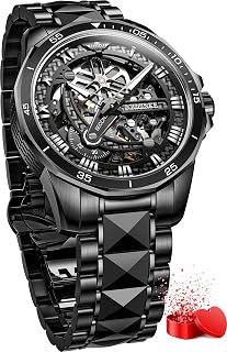 OLEVS Orologi da uomo meccanici scheletrati neri orologi da polso da uomo orologi da polso automatici di lusso in acciaio al tungsteno zaffiro