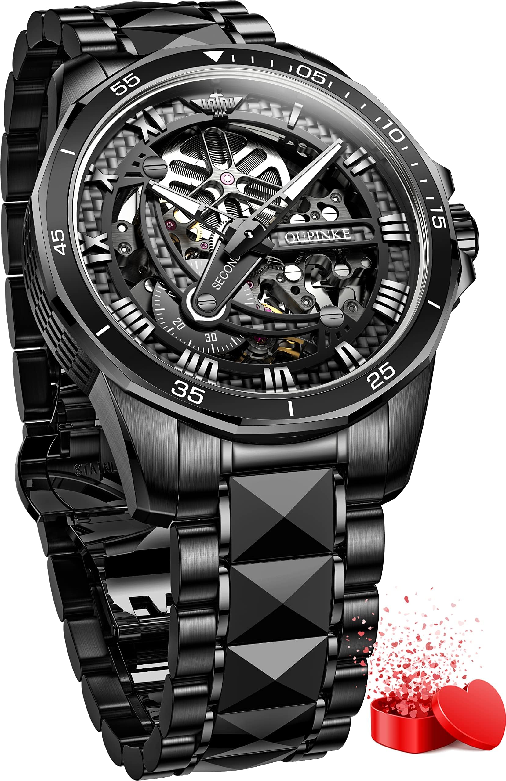 OLEVS Orologi da uomo meccanici scheletrati neri orologi da polso da uomo orolog